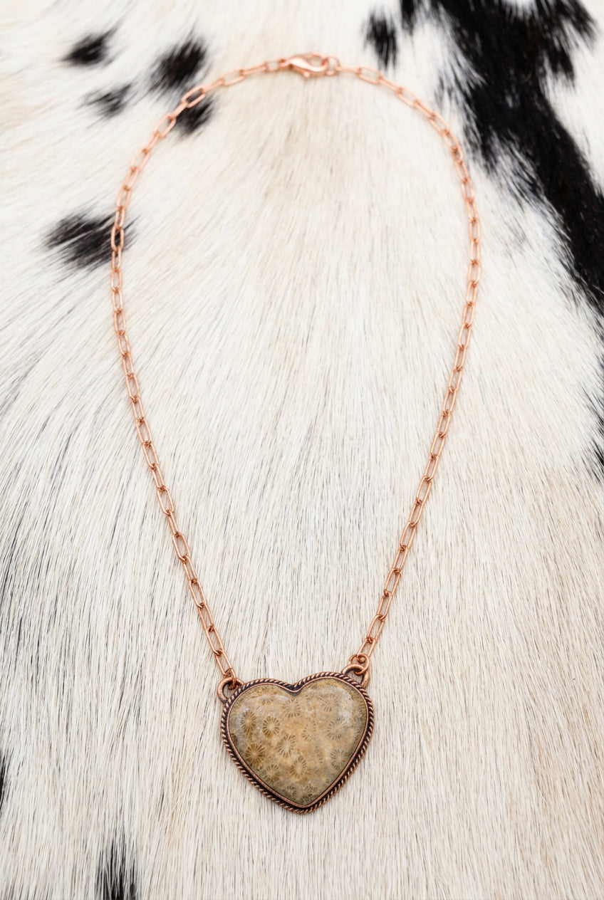 Fossil Coral Heart and Copper Necklace Necklace